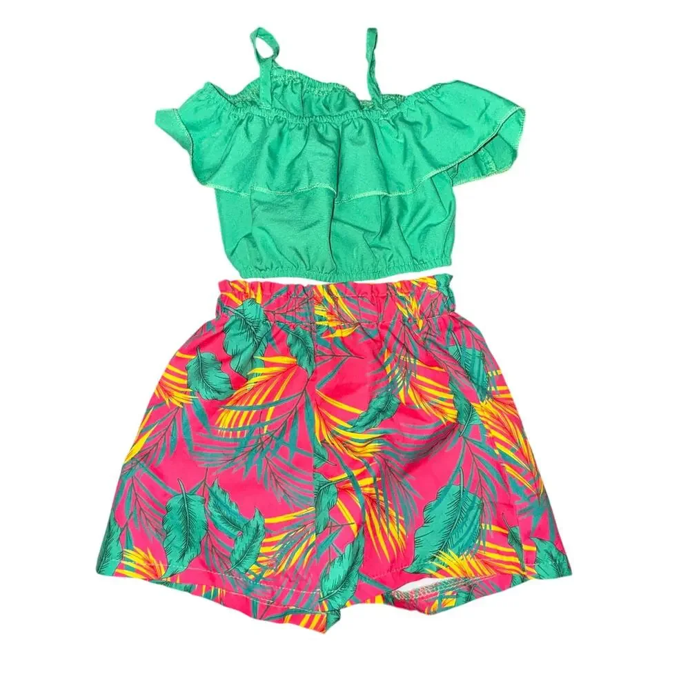 2 Tropical Summer Outfit Sets 12-24M Off Shoulder Crop Top Shorts Bundle
